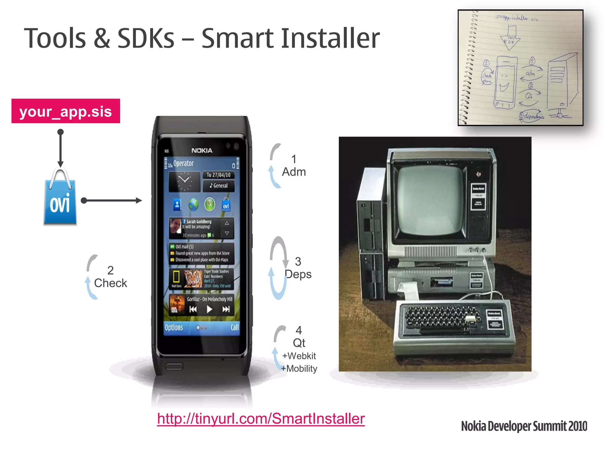 Tools & SDKs – Smart Installer

your_app.sis


                                     1
                                    Adm




                                      3
           2                         Deps
         Check



                                      4
                                      Qt
                                    +Webkit
                                    +Mobility




                 http://tinyurl.com/SmartInstaller
 
