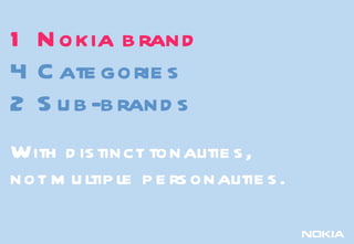 1 Nokia brand 4 Categories 2 Sub-brands With distinct tonalities,  not multiple personalities. 