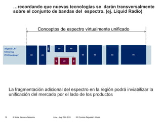 … recordando que nuevas tecnologías se  darán transversalmente sobre el conjunto de bandas del  espectro. (ej. Liquid Radio) Conceptos de espectro virtualmente unificado La fragmentación adicional del espectro en la región podrá inviabilizar la unificación del mercado por el lado de los productos 