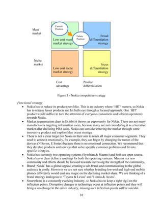 Current
           Mass              Position
           market
                                              Future                Broad
                           Low cost mass      Position     differentiation
                           market strategy                        strategy




            Niche
            market                                                  Focus
                           Low cost niche                  differentiation
                           market strategy                        strategy


                              Cost                    Product
                              advantage               differentiation


                               Figure 3 - Nokia competitive strategy

Functional strategy
       Nokia has to reduce its product portfolio. This is an industry where HIT matters, so Nokia
       has to release lesser products and hit bulls eye through a focused approach. One HIT
       product would suffice to turn the attention of everyone (consumers and telecom operators)
       towards Nokia.
       Market segmentation chart in Exhibit 6 throws an opportunity for Nokia. There are not many
       manufacturers targeting information users, because many are not considering it as a lucrative
       market after declining PDA sales. Nokia can consider entering the market through some
       innovative product and explore blue ocean strategy
       There is not a clear target for Nokia in their aim to reach all major consumer segments. They
       need to connect emotionally, for example, they can begin by changing the names of the
       devices (N Series, E Series) because there is no emotional connection. We recommend that
       they develop products and services that solve specific customer problems and fit into
       specific lifestyles.
       Nokia has currently two operating systems (Symbian & Maemo) and both are open source.
       Nokia has to clear define a roadmap for both the operating systems. Maemo is a new
       community and efforts should be focused towards increasing the strength of the community.
       Brand Nokia has a global appeal, creating a sub-brand and communicating to the global
       audience is costly. However we are not sure whether branding low-end and high-end mobile
       phones differently would cast any magic on the declining market share. We are thinking of a
       brand strategy analogous to Toyota & Lexus and Honda & Acura .
       Smartphone is a constantly evolving industry, so Nokia has to keep a tight vigil on the
       inflection points. Disruptive changes in technology occur at inflection points and they will
       bring a sea-change to the entire industry, missing such inflection points will be suicidal.

                                                 10
 