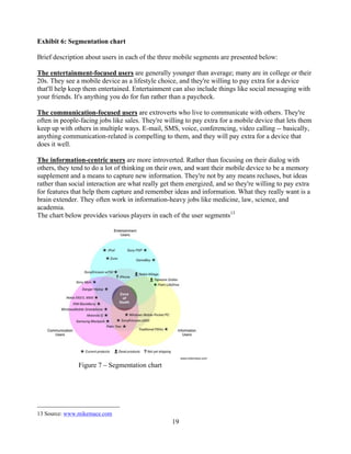 Exhibit 6: Segmentation chart

Brief description about users in each of the three mobile segments are presented below:

The entertainment-focused users are generally younger than average; many are in college or their
20s. They see a mobile device as a lifestyle choice, and they're willing to pay extra for a device
that'll help keep them entertained. Entertainment can also include things like social messaging with
your friends. It's anything you do for fun rather than a paycheck.

The communication-focused users are extroverts who live to communicate with others. They're
often in people-facing jobs like sales. They're willing to pay extra for a mobile device that lets them
keep up with others in multiple ways. E-mail, SMS, voice, conferencing, video calling -- basically,
anything communication-related is compelling to them, and they will pay extra for a device that
does it well.

The information-centric users are more introverted. Rather than focusing on their dialog with
others, they tend to do a lot of thinking on their own, and want their mobile device to be a memory
supplement and a means to capture new information. They're not by any means recluses, but ideas
rather than social interaction are what really get them energized, and so they're willing to pay extra
for features that help them capture and remember ideas and information. What they really want is a
brain extender. They often work in information-heavy jobs like medicine, law, science, and
academia.
The chart below provides various players in each of the user segments13




               Figure 7   Segmentation chart




13 Source: www.mikemace.com
                                                  19
 