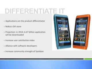 DIFFERENTIATE IT
» Applications are the product differentiator

» Nokia’s OVI store

» Projection: in 2014; 6.67 billion application
 will be downloaded

» Increase user satisfaction index

» Alliance with software developers

» Increase community strength of Symbian
 