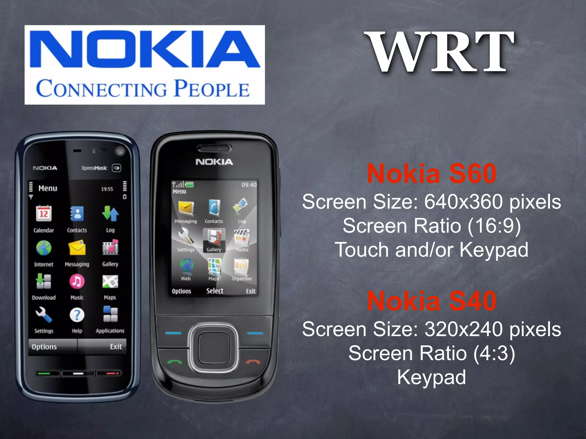 WRT
      Nokia S60
Screen Size: 640x360 pixels
    Screen Ratio (16:9)
   Touch and/or Keypad

      Nokia S40
Screen Size: 320x240 pixels
    Screen Ratio (4:3)
          Keypad
 