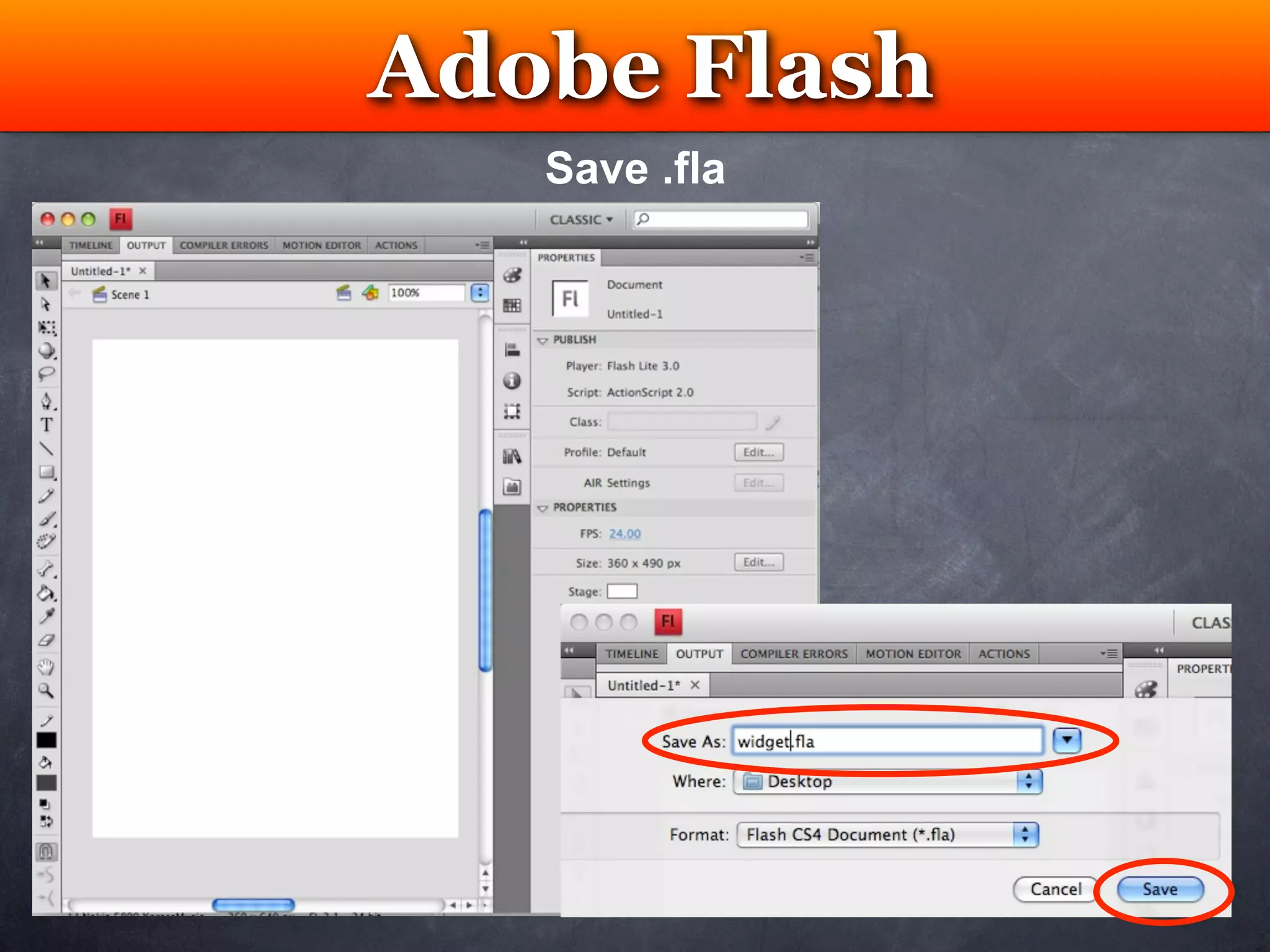 Adobe Flash
  Testing
   Save .fla
 