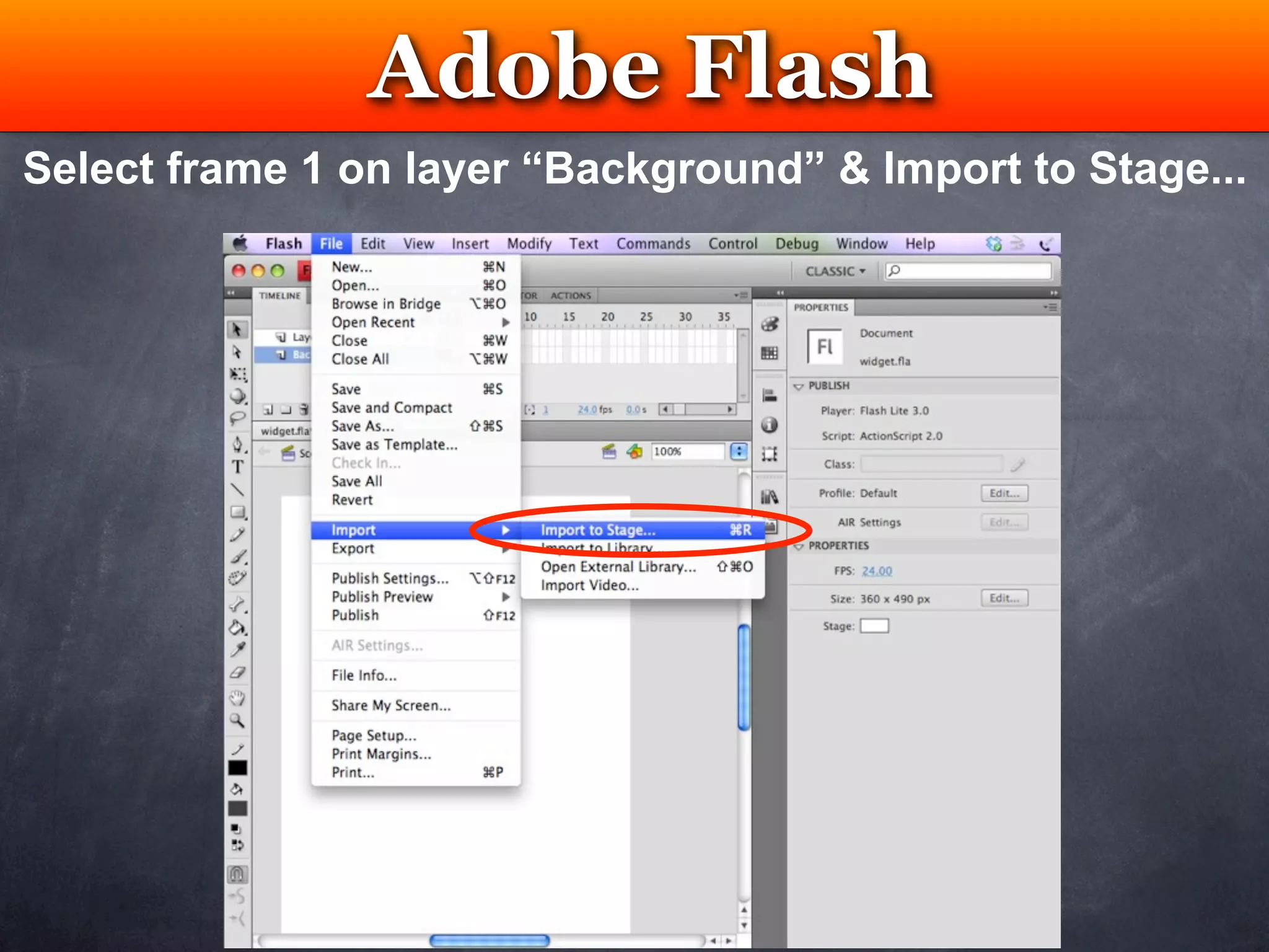 Adobe Flash
                  Testing
Select frame 1 on layer “Background” & Import to Stage...
 