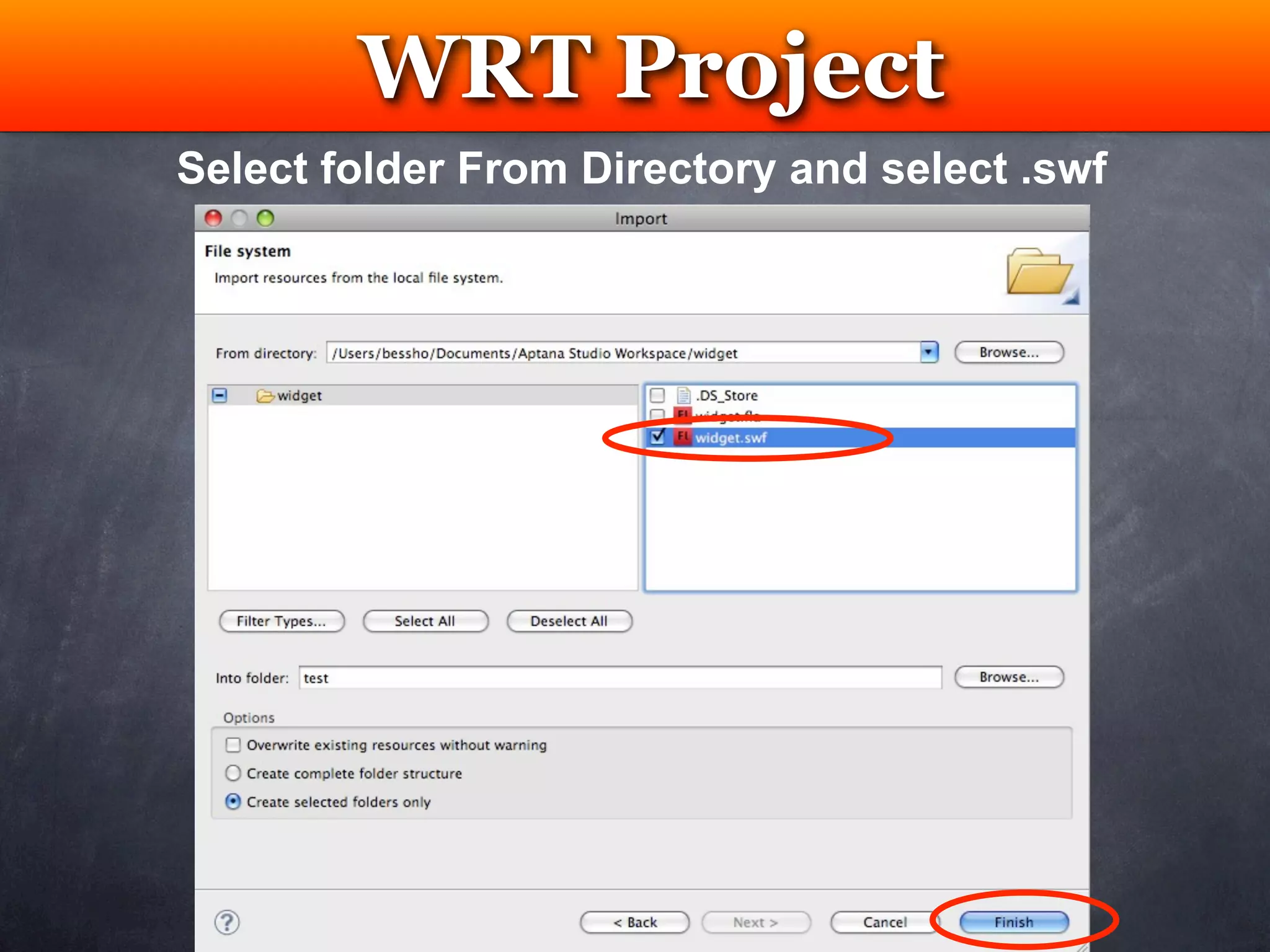 WRT Project
         Testing
Select folder From Directory and select .swf
 