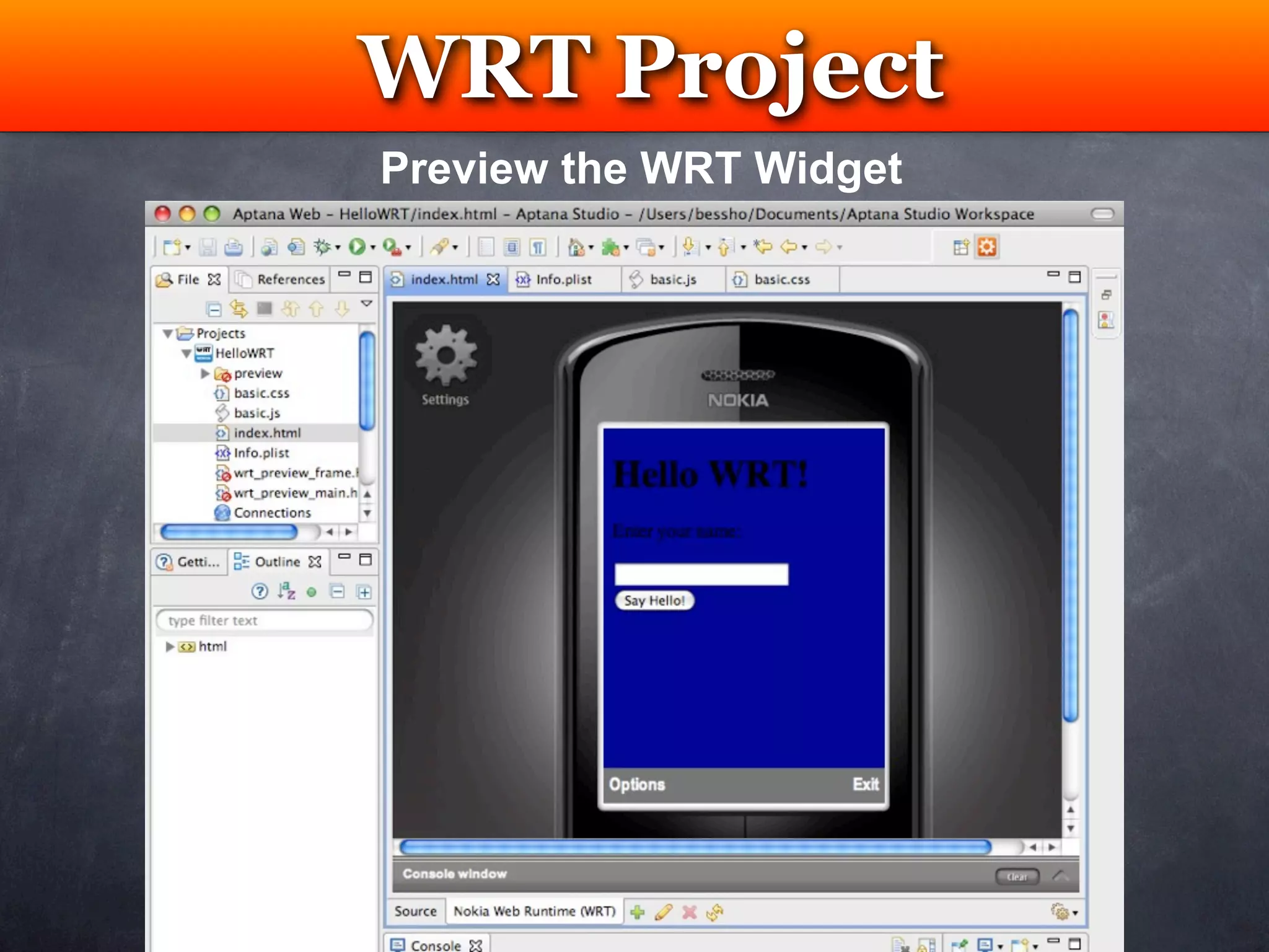 WRT Project
 Testing
Preview the WRT Widget
 