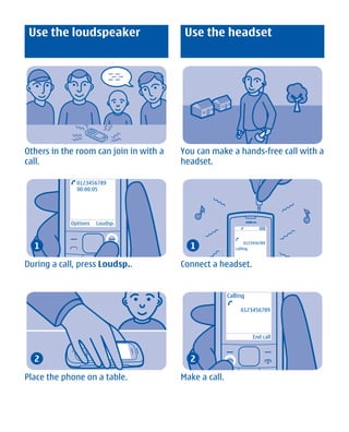 Use the loudspeaker                     Use the headset




Others in the room can join in with a   You can make a hands-free call with a
call.                                   headset.

              0123456789
              00:00:05




            Options   Loudsp.



  1                                       1                    0123456789
                                                          calling



During a call, press Loudsp..           Connect a headset.


                                                       Calling

                                                            0123456789



                                                                  End call



  2                                       2

Place the phone on a table.             Make a call.




       Cyan Magenta Yellow Black
 