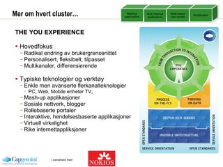 Mer om hvert cluster… THE YOU EXPERIENCE Hovedfokus Radikal endring av brukergrensenittet Personalisert, fleksibelt, tilpasset Multikanaler, differensierende Typiske teknologier og verktøy Enkle men avanserte flerkanalteknologier PC, Web, Mobile enheter TV,  Mash-up applikasjoner Sosiale nettverk, blogger Rollebaserte portaler Interaktive, hendelsesbaserte applikasjoner Virtuell virkelighet Rike internettappliksjoner Mashup applications Rich Internet applications Role-based user portals iPodification 