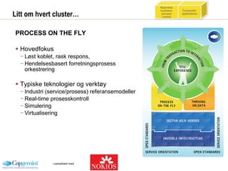 Litt om hvert cluster… PROCESS ON THE FLY Hovedfokus Løst koblet, rask respons, Hendelsesbasert forretningsprosess orkestrering Typiske teknologier og verktøy Industri (service/prosess) referansemodeller Real-time prosesskontroll Simulering Virtualisering Real-time business process control Composite  applications 