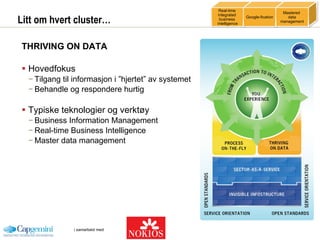 Litt om hvert cluster… THRIVING ON DATA Hovedfokus Tilgang til informasjon i ”hjertet” av systemet Behandle og respondere hurtig Typiske teknologier og verktøy Business Information Management Real-time Business Intelligence Master data management Real-time  integrated  business  intelligence Google-fication Mastered  data management 