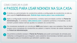 O síndico ou administrador do condomínio solicita a configuração do condomínio no site ou
pelo suporte help@noknox.com. Solicite hoje mesmo para o seu condomínio!

Após a configuração inicial do condomínio, o síndico será convidado a entrar no Painel de
Administração, no endereço adm.noknox.com e cadastrar porteiros e moradores. Lá ele
também poderá realizar demais ajustes no cadastro do condomínio.

Os moradores receberão um convite por SMS para baixar o app e se cadastrar. Eles só terão
acesso como moradores do condomínio se usarem o mesmo número de celular cadastrado
no Painel de Administração.

Os porteiros poderão acessar o Painel de Portaria para pedir autorização de entrada para
visitantes e entregadores que chegarem, para cadastrar encomendas e também para enviar
mensagens para os moradores que estiverem usando o app.
2
3
4
1
4PASSOSPARAUSARNOKNOXNA SUA CASA:
COMOCOMEÇARAUSAR
 
