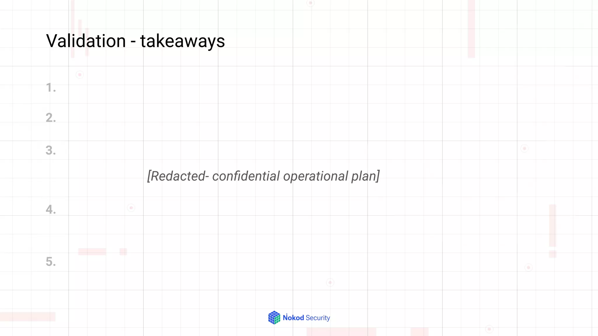 Validation - takeaways
1.
3.
4.
2.
5.
[Redacted- conﬁdential operational plan]
 