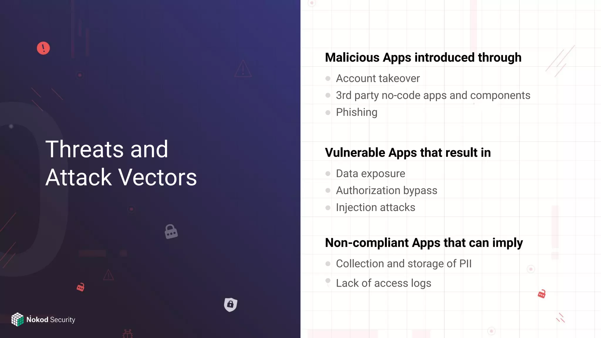 Threats and
Attack Vectors
Malicious Apps introduced through
Account takeover
3rd party no-code apps and components
Phishing
Vulnerable Apps that result in
Data exposure
Authorization bypass
Injection attacks
Non-compliant Apps that can imply
Collection and storage of PII
Lack of access logs
 