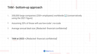 TAM - bottom-up approach
350,000 large companies (250+ employees) worldwide [1] (conservatively
using the 2021 ﬁgure)
Assuming 20% of those will use low-code  no-code
Average annual deal size: [Redacted- ﬁnancial conﬁdential]
TAM at 2023 = [Redacted- ﬁnancial conﬁdential]
1.
3.
4.
2.
 