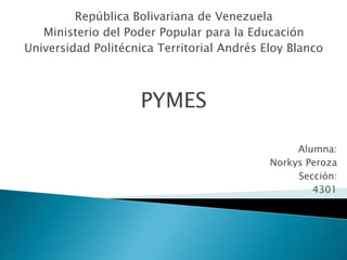 República Bolivariana de Venezuela
Ministerio del Poder Popular para la Educación
Universidad Politécnica Territorial Andrés Eloy Blanco
PYMES
Alumna:
Norkys Peroza
Sección:
4301
 