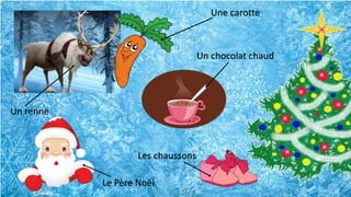 Un chocolat chaud
Une carotte
Le Père Noël
Les chaussons
Un renne
 