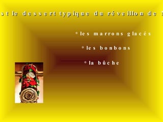 Quel est le dessert typique du réveillon de Noël ? les marrons glacés les bonbons la bûche 