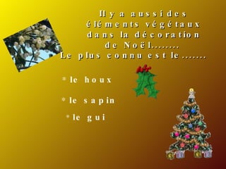 Il y a aussi des éléments végétaux dans la décoration de Noël........  Le plus connu est le....... le houx   le gui le sapin   
