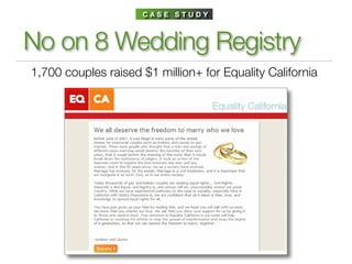 CASE STUDY



No on 8 Wedding Registry
1,700 couples raised $1 million+ for Equality California
 