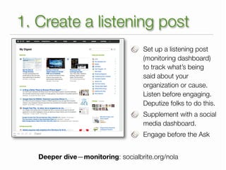 1. Create a listening post
                                    Set up a listening post
                                    (monitoring dashboard)
                                    to track what’s being
                                    said about your
                                    organization or cause.
                                    Listen before engaging.
                                    Deputize folks to do this.
                                    Supplement with a social
                                    media dashboard.
                                    Engage before the Ask


   Deeper dive—monitoring: socialbrite.org/nola
 