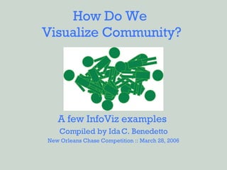 How Do We  Visualize Community? A few InfoViz examples  Compiled by Ida C. Benedetto New Orleans Chase Competition :: March 28, 2006 