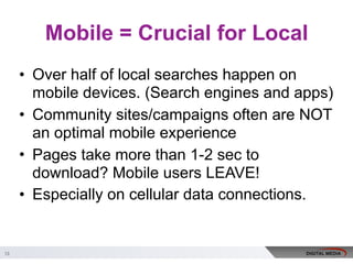 Mobile = Crucial for Local
• Over half of local searches happen on
mobile devices. (Search engines and apps)
• Community s...