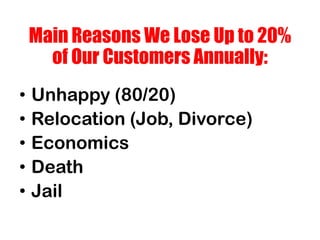 Main Reasons We Lose Up to 20%
of Our Customers Annually:
• Unhappy (80/20)
• Relocation (Job, Divorce)
• Economics
• Death
• Jail
 
