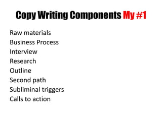 Copy Writing Components My #1
Raw materials
Business Process
Interview
Research
Outline
Second path
Subliminal triggers
Calls to action
 