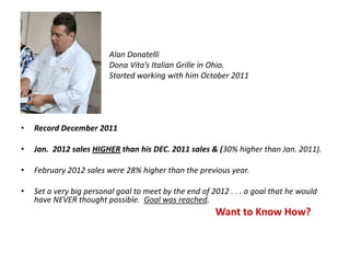 Alan Donatelli
Dona Vito’s Italian Grille in Ohio.
Started working with him October 2011
• Record December 2011
• Jan. 2012 sales HIGHER than his DEC. 2011 sales & (30% higher than Jan. 2011).
• February 2012 sales were 28% higher than the previous year.
• Set a very big personal goal to meet by the end of 2012 . . . a goal that he would
have NEVER thought possible. Goal was reached.
Want to Know How?
 