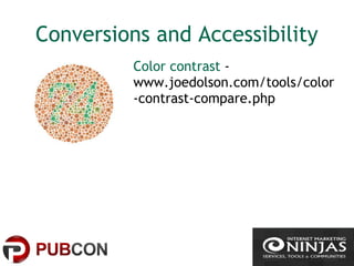 Conversions and Accessibility
Color contrast -
www.joedolson.com/tools/color
-contrast-compare.php
 