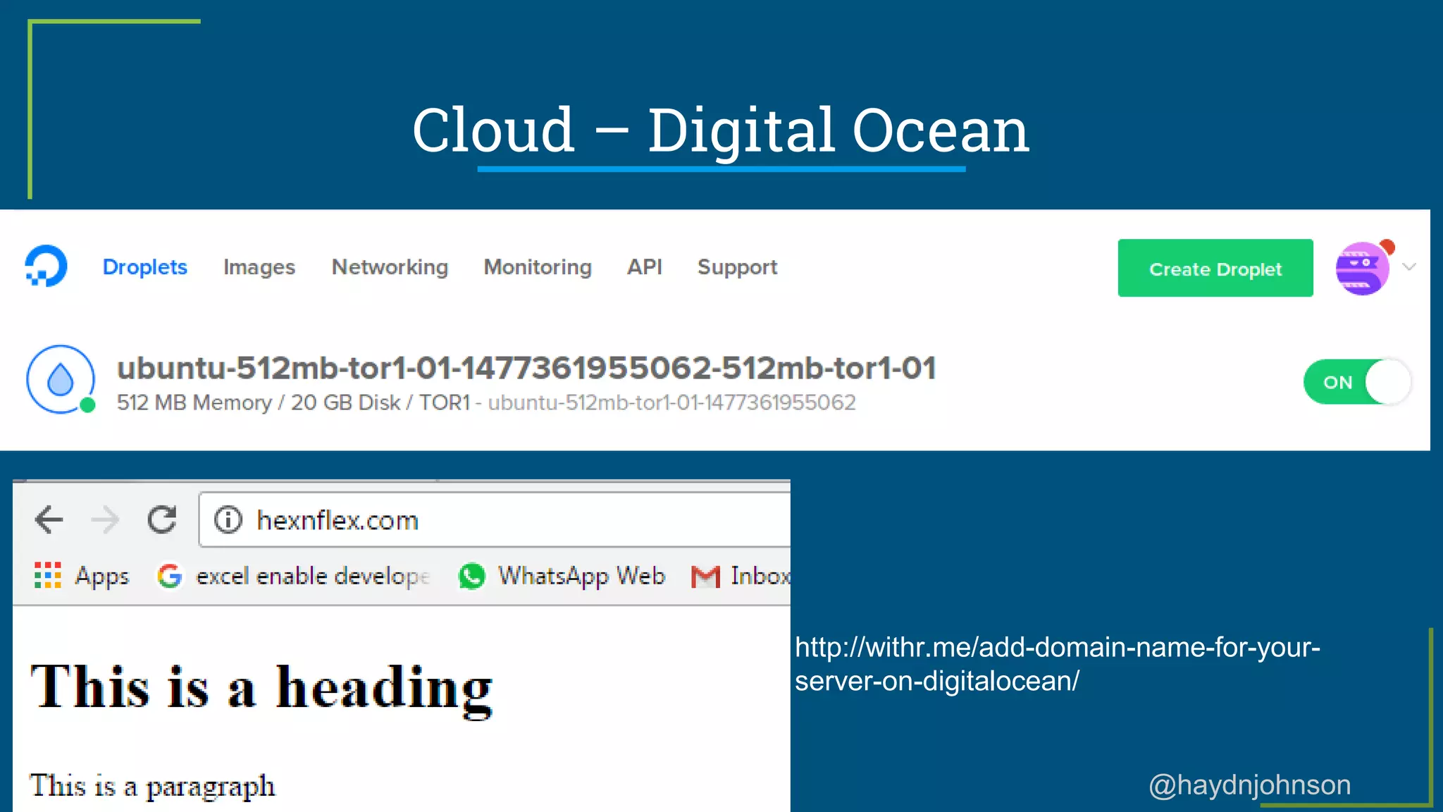 @haydnjohnson
Cloud – Digital Ocean
http://withr.me/add-domain-name-for-your-
server-on-digitalocean/
 