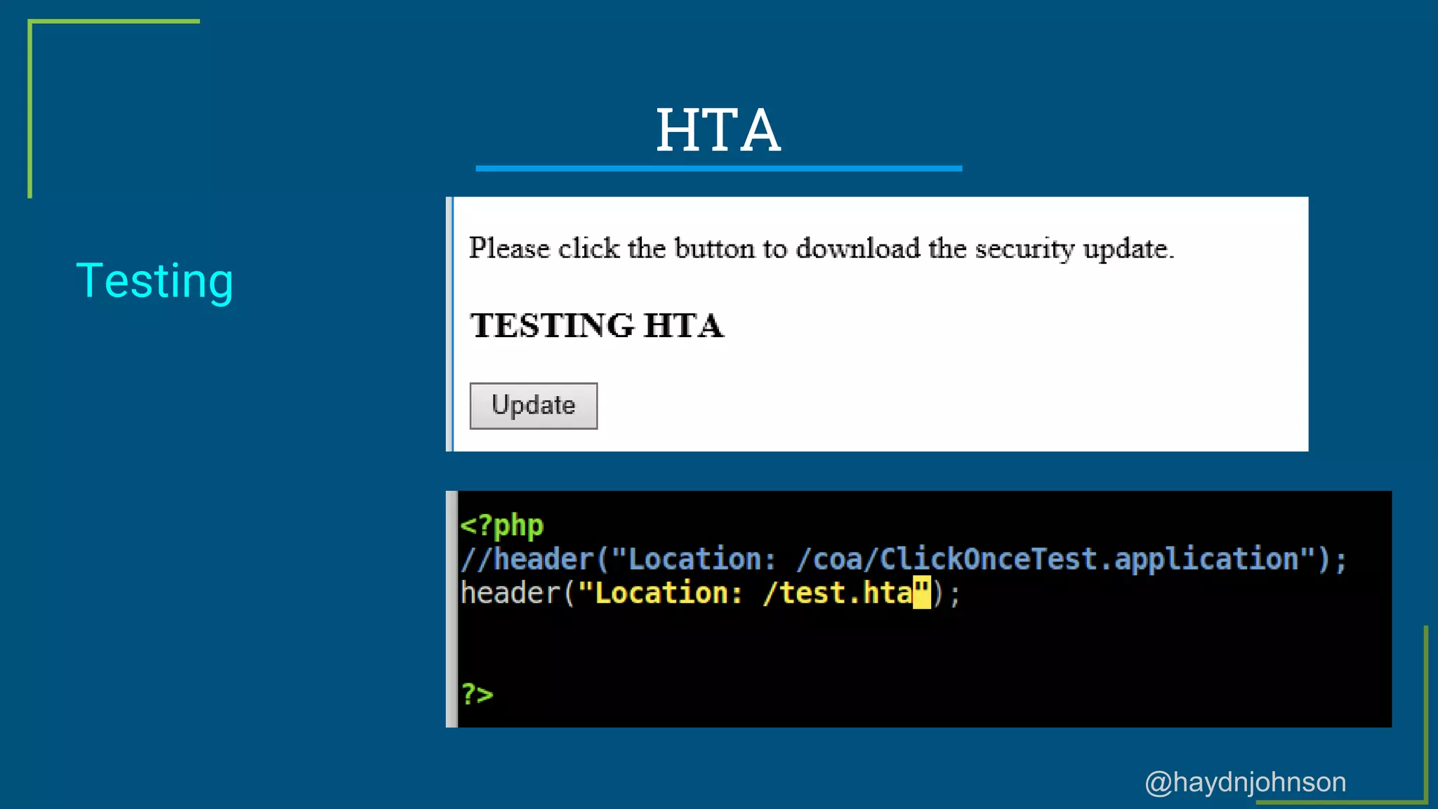 @haydnjohnson
HTA
Testing
 