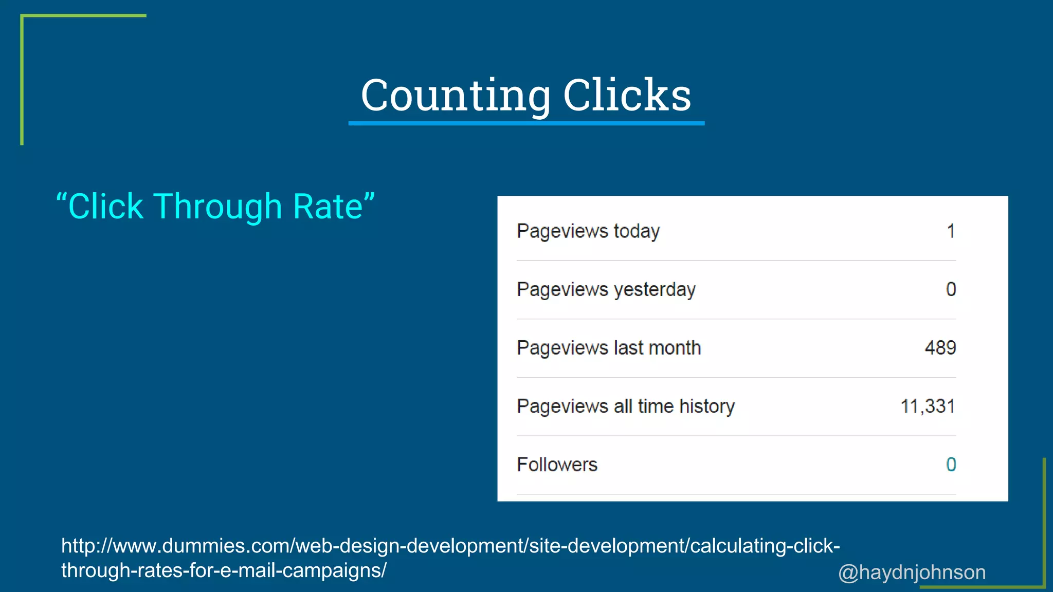 @haydnjohnson
Counting Clicks
“Click Through Rate”
http://www.dummies.com/web-design-development/site-development/calculating-click-
through-rates-for-e-mail-campaigns/
 