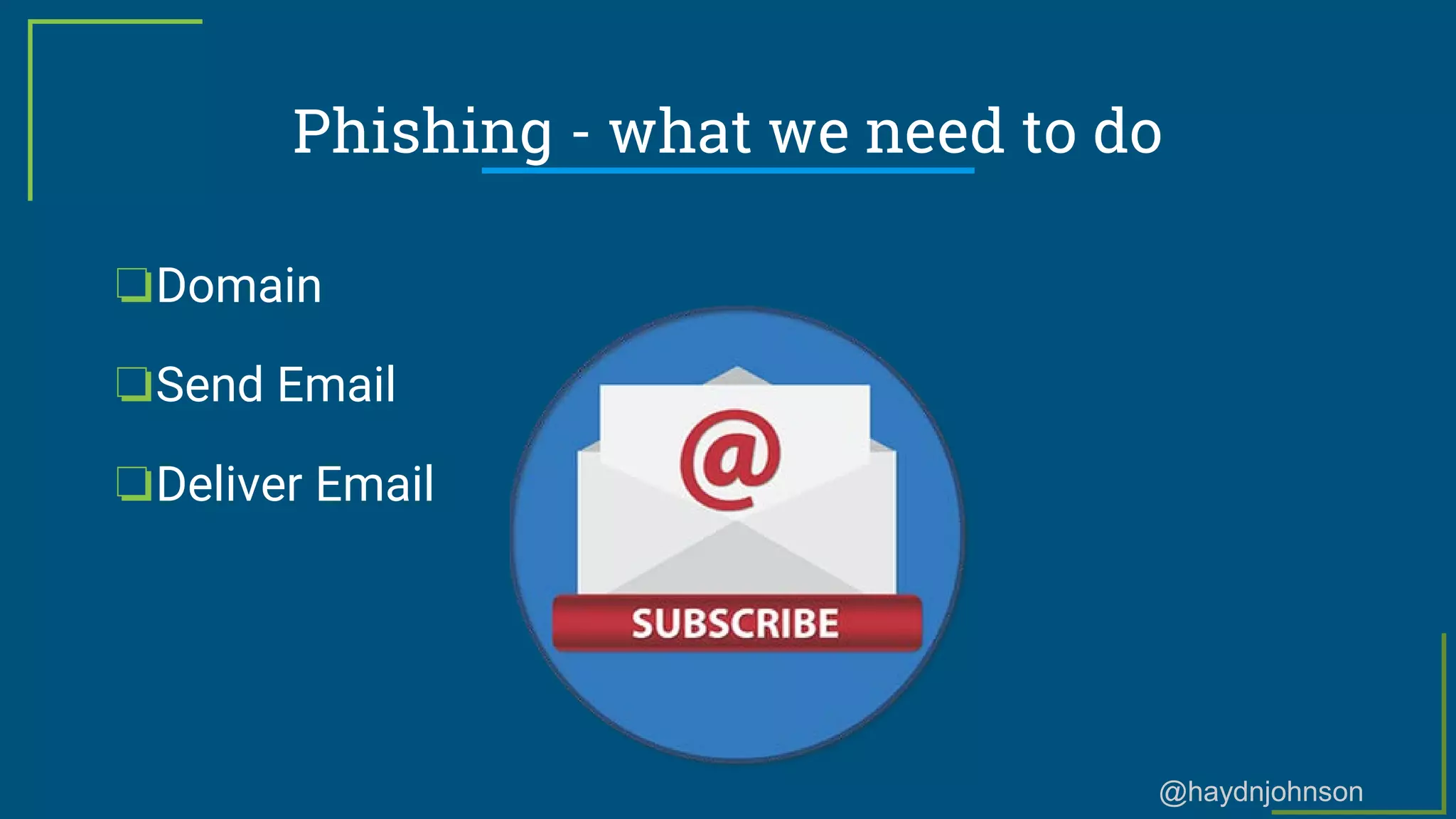 @haydnjohnson
Phishing - what we need to do
❏Domain
❏Send Email
❏Deliver Email
 