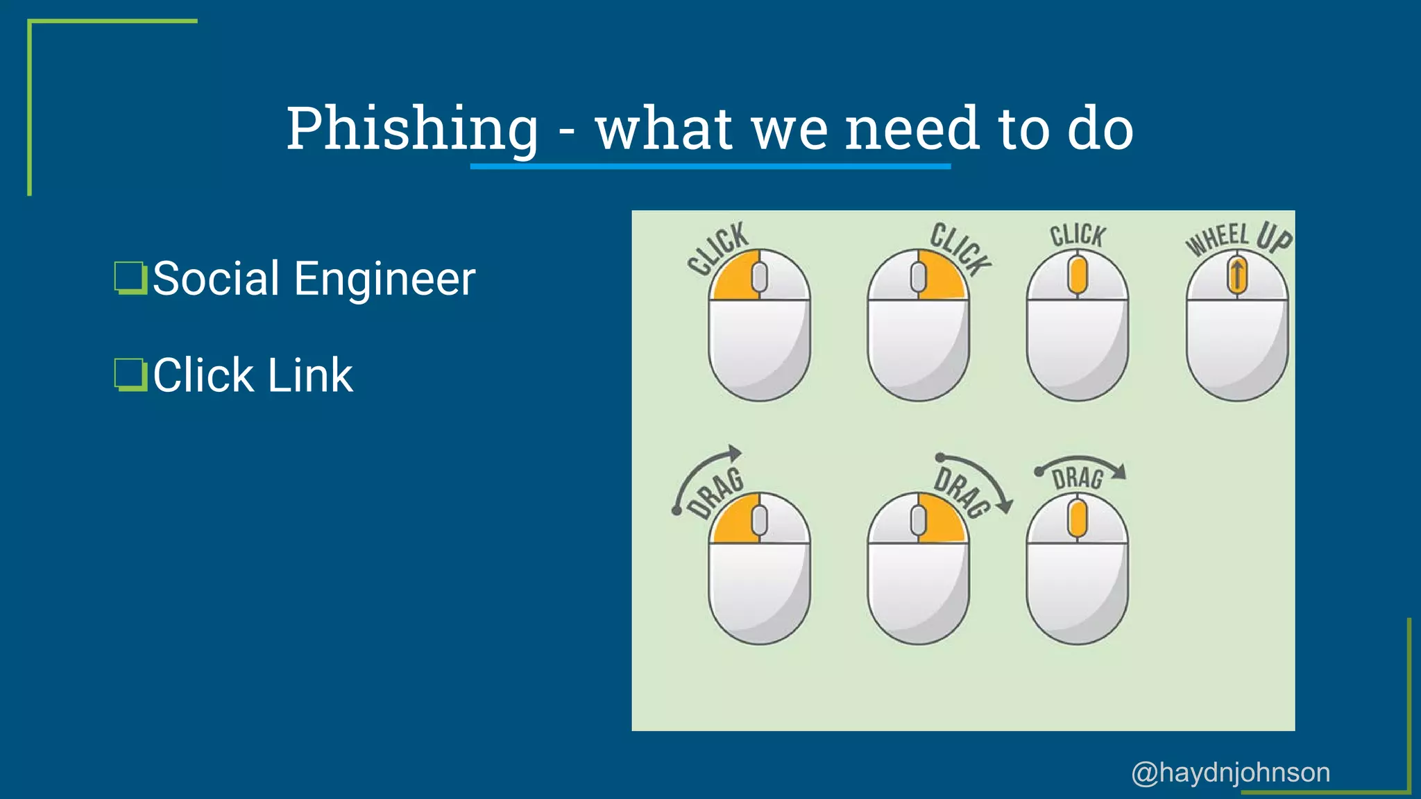 @haydnjohnson
Phishing - what we need to do
❏Social Engineer
❏Click Link
 