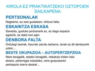 KIROLA EZ PRAKTIKATZEKO OZTOPOEN
SAILKAPENA
PERTSONALAK
Nagikeria, ez zaio gustatzen, ohitura falta.
ESKAINTZA ESKASA
Garestia, gustuko jarduerarik ez, ez dago espazio
egokirik, ez dakit non egin.
DENBORA FALTA
Ordutegi txarrak, haurrak zaindu beharra, lanak ez dit denborarik
uzten,…
BESTE OKUPAZIOA – AUTOPERTZEPZIOA
Nere lanagatik, etxeko lanagatik, nekatuta iristen naiz
etxera, zaharregia naizelako, nere gorputzaren
pertzepzio txarra daukat…
 
