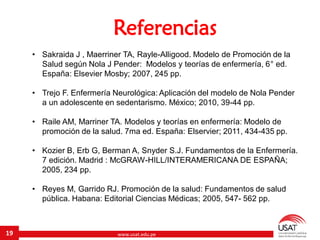 www.usat.edu.pe19
Referencias
• Sakraida J , Maerriner TA, Rayle-Alligood. Modelo de Promoción de la
Salud según Nola J Pender: Modelos y teorías de enfermería, 6° ed.
España: Elsevier Mosby; 2007, 245 pp.
• Trejo F. Enfermería Neurológica: Aplicación del modelo de Nola Pender
a un adolescente en sedentarismo. México; 2010, 39-44 pp.
• Raile AM, Marriner TA. Modelos y teorías en enfermería: Modelo de
promoción de la salud. 7ma ed. España: Elservier; 2011, 434-435 pp.
• Kozier B, Erb G, Berman A, Snyder S.J. Fundamentos de la Enfermería.
7 edición. Madrid : McGRAW-HILL/INTERAMERICANA DE ESPAÑA;
2005, 234 pp.
• Reyes M, Garrido RJ. Promoción de la salud: Fundamentos de salud
pública. Habana: Editorial Ciencias Médicas; 2005, 547- 562 pp.
 