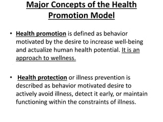 Major Concepts of the Health
Promotion Model
• Health promotion is defined as behavior
motivated by the desire to increase well-being
and actualize human health potential. It is an
approach to wellness.
• Health protection or illness prevention is
described as behavior motivated desire to
actively avoid illness, detect it early, or maintain
functioning within the constraints of illness.
 