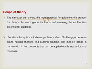 
Scope of theory
 The narrower the theory, the more potential for guidance; the broader
the theory, the more global its terms and meaning, hence the less
potential for guidance.
 Pender’s theory is a middle-range theory which fills the gaps between
grand nursing theories and nursing practice. The model’s scope is
narrow with limited concepts that can be applied easily in practice and
research.
36
 