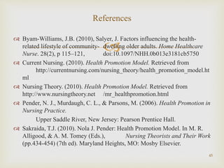 
 Byam-Williams, J.B. (2010), Salyer, J. Factors influencing the health-
related lifestyle of community- dwelling older adults. Home Healthcare
Nurse. 28(2), p 115–121, doi:10.1097/NHH.0b013e3181cb5750
 Current Nursing. (2010). Health Promotion Model. Retrieved from
http://currentnursing.com/nursing_theory/health_promotion_model.ht
ml
 Nursing Theory. (2010). Health Promotion Model. Retrieved from
http://www.nursingtheory.net /mr_healthpromotion.html
 Pender, N. J., Murdaugh, C. L., & Parsons, M. (2006). Health Promotion in
Nursing Practice.
Upper Saddle River, New Jersey: Pearson Prentice Hall.
 Sakraida, T.J. (2010). Nola J. Pender: Health Promotion Model. In M. R.
Alligood, & A. M. Tomey (Eds.), Nursing Theorists and Their Work
(pp.434-454) (7th ed). Maryland Heights, MO: Mosby Elsevier.
45
References
 