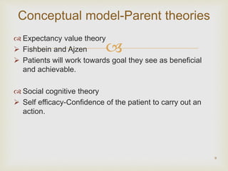 
 Expectancy value theory
 Fishbein and Ajzen
 Patients will work towards goal they see as beneficial
and achievable.
 Social cognitive theory
 Self efficacy-Confidence of the patient to carry out an
action.
9
Conceptual model-Parent theories
 