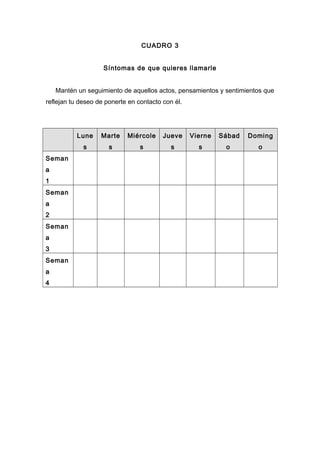 CUADRO 3
Síntomas de que quieres llamarle
Mantén un seguimiento de aquellos actos, pensamientos y sentimientos que
reflejan tu deseo de ponerte en contacto con él.
Lune
s
Marte
s
Miércole
s
Jueve
s
Vierne
s
Sábad
o
Doming
o
Seman
a
1
Seman
a
2
Seman
a
3
Seman
a
4
 