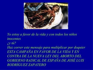 Yo estoy a favor de la vida y con todos los niños inocentes ¿y tú? Haz correr este mensaje para multiplicar por doquier ESTA CAMPAÑA EN FAVOR DE LA VIDA Y EN CONTRA DE LA NUEVA LEY DEL ABORTO DEL GOBIERNO RADICAL DE ESPAÑA DE JOSÉ LUIS RODRÍGUEZ ZAPATERO 
