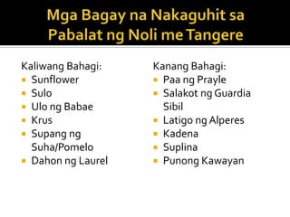 Kaliwang Bahagi:    Kanang Bahagi:
 Sunflower          Paa ng Prayle
 Sulo               Salakot ng Guardia
 Ulo ng Babae        Sibil
 Krus               Latigo ng Alperes
 Supang ng          Kadena
  Suha/Pomelo        Suplina
 Dahon ng Laurel    Punong Kawayan
 