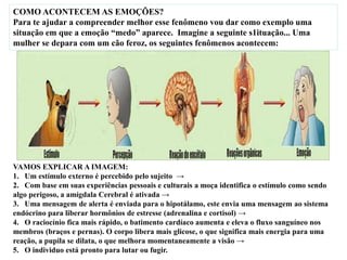 COMO ACONTECEM AS EMOÇÕES?
Para te ajudar a compreender melhor esse fenômeno vou dar como exemplo uma
situação em que a emoção “medo” aparece. Imagine a seguinte s1ituação... Uma
mulher se depara com um cão feroz, os seguintes fenômenos acontecem:
VAMOS EXPLICAR A IMAGEM:
1. Um estímulo externo é percebido pelo sujeito →
2. Com base em suas experiências pessoais e culturais a moça identifica o estímulo como sendo
algo perigoso, a amígdala Cerebral é ativada →
3. Uma mensagem de alerta é enviada para o hipotálamo, este envia uma mensagem ao sistema
endócrino para liberar hormônios de estresse (adrenalina e cortisol) →
4. O raciocínio fica mais rápido, o batimento cardíaco aumenta e eleva o fluxo sanguíneo nos
membros (braços e pernas). O corpo libera mais glicose, o que significa mais energia para uma
reação, a pupila se dilata, o que melhora momentaneamente a visão →
5. O individuo está pronto para lutar ou fugir.
 