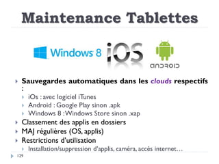 Maintenance Tablettes
129
 Sauvegardes automatiques dans les clouds respectifs
:
 iOs : avec logiciel iTunes
 Android :...