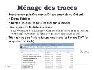 Ménage des traces
152
 Branchement puis Ordinateur/Disque amovible ou Cybook
 > Digital Editions
 > Bundle (tous les eb...