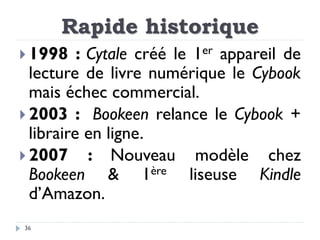 Rapide historique
 1998 : Cytale créé le 1er appareil de
lecture de livre numérique le Cybook
mais échec commercial.
 20...