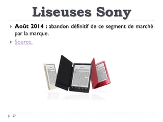 Liseuses Sony
57
 Août 2014 : abandon définitif de ce segment de marché
par la marque.
 Source.
 